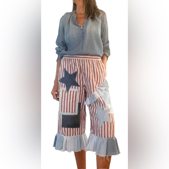 Red and blue striped upcycled bloomer/pants, denim ruffles and patchwork stars M - Picture 2 of 10